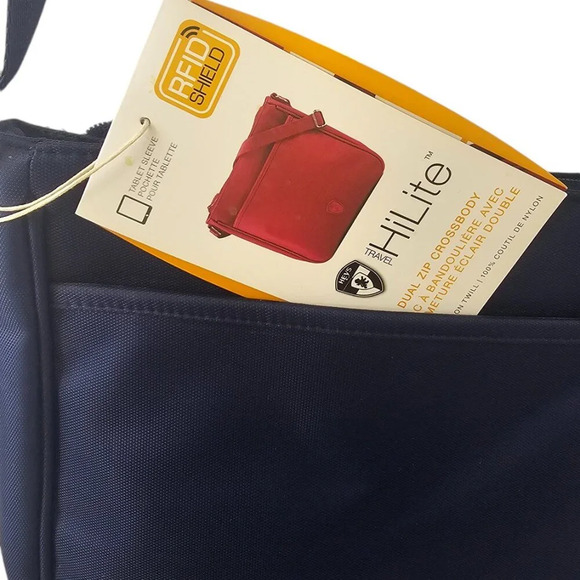 HEYS HiLite Dual Zip Crossbody Travel Bag Navy NWT RFID Shield Tablet Holder - Picture 2 of 5